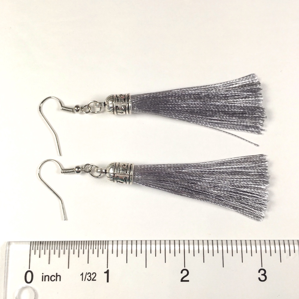 Gray Tassel Drop Earrings - Picture 3 of 6